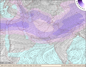 Winter jet stream at 200 mb winds about 140 knots. Photo: National Centers for Environmental Prediction 